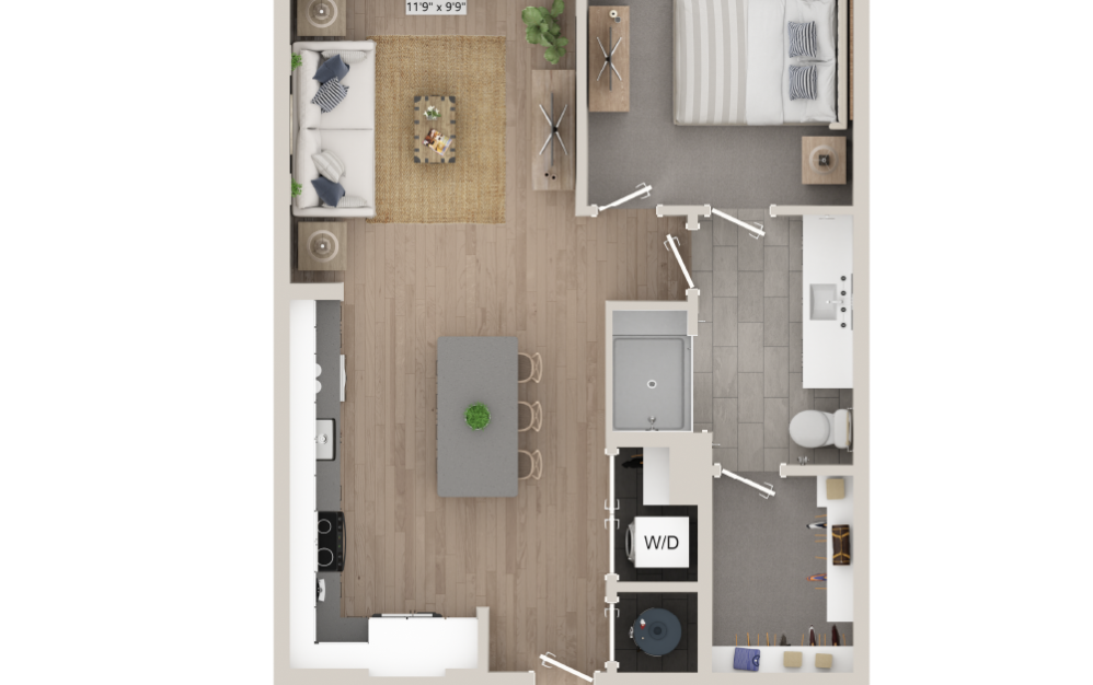 A3N - 1 bedroom floorplan layout with 1 bathroom and 738 square feet