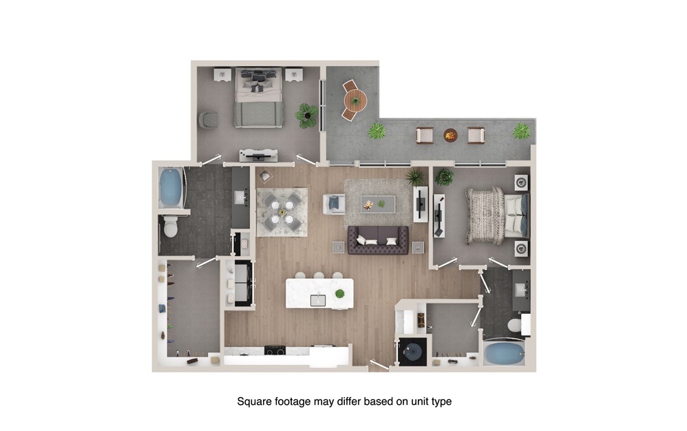 B5 - 2 bedroom floorplan layout with 2 bathrooms and 1228 square feet