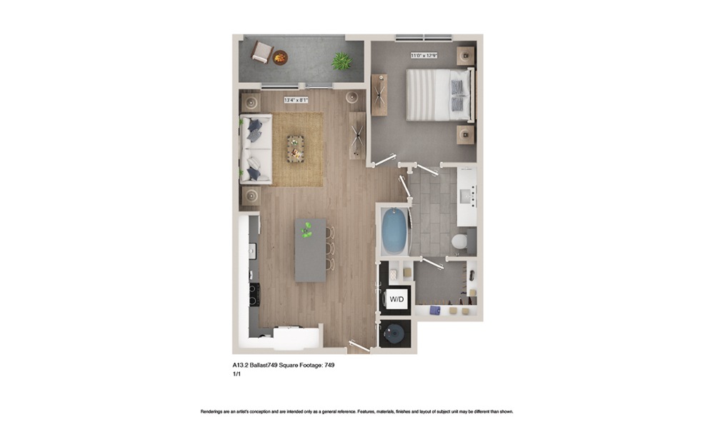A9A - 1 bedroom floorplan layout with 1 bathroom and 749 square feet