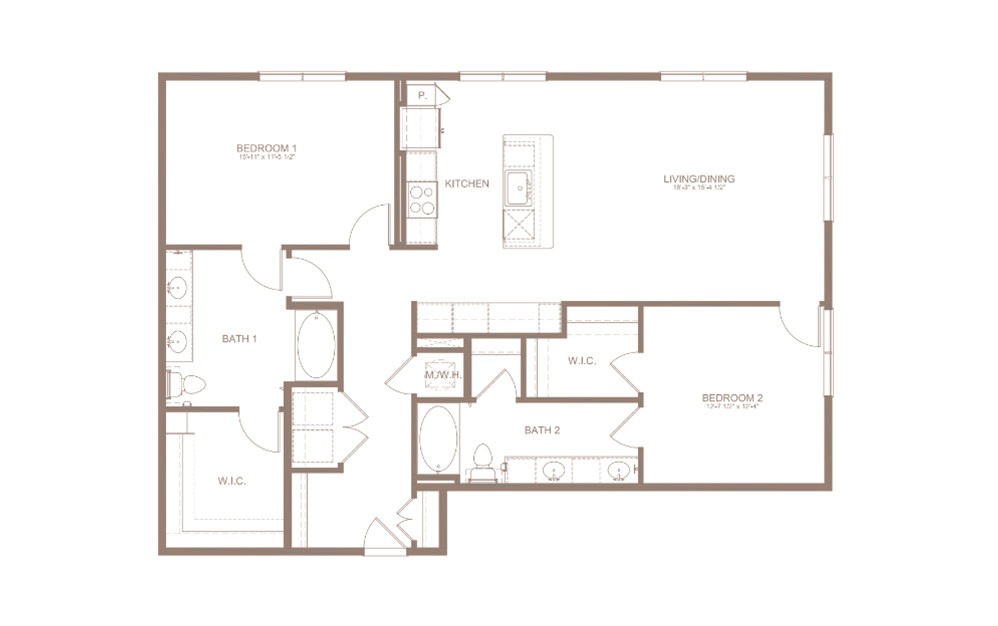 B9A - 2 bedroom floorplan layout with 2 bathrooms and 1437 square feet (2D)