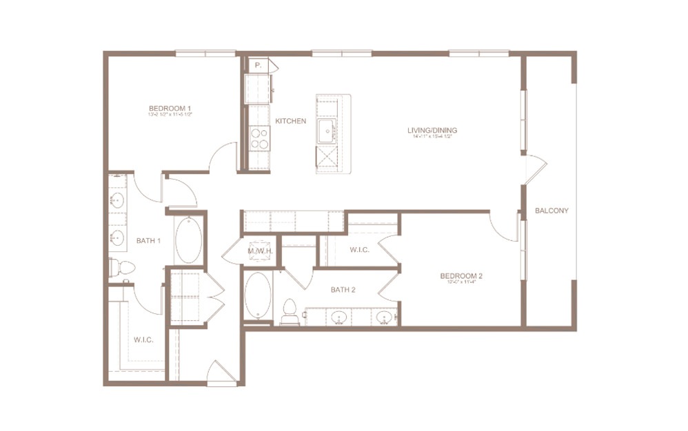 B9 - 2 bedroom floorplan layout with 2 bathrooms and 1252 square feet (2D)