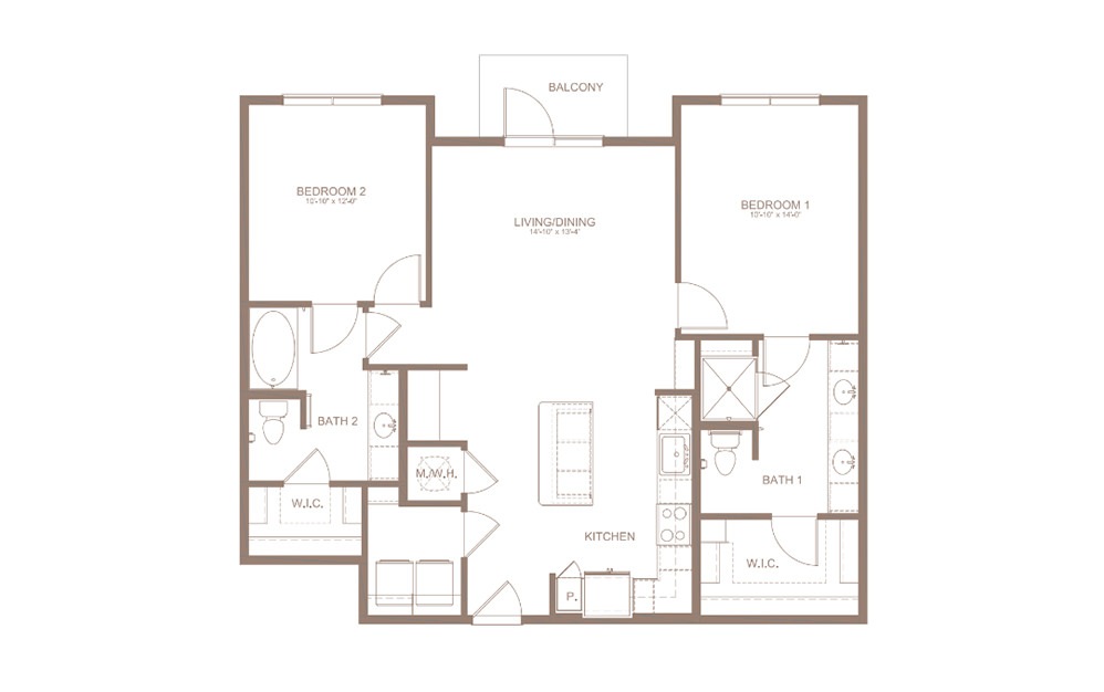 B8 - 2 bedroom floorplan layout with 2 bathrooms and 1154 square feet (2D)