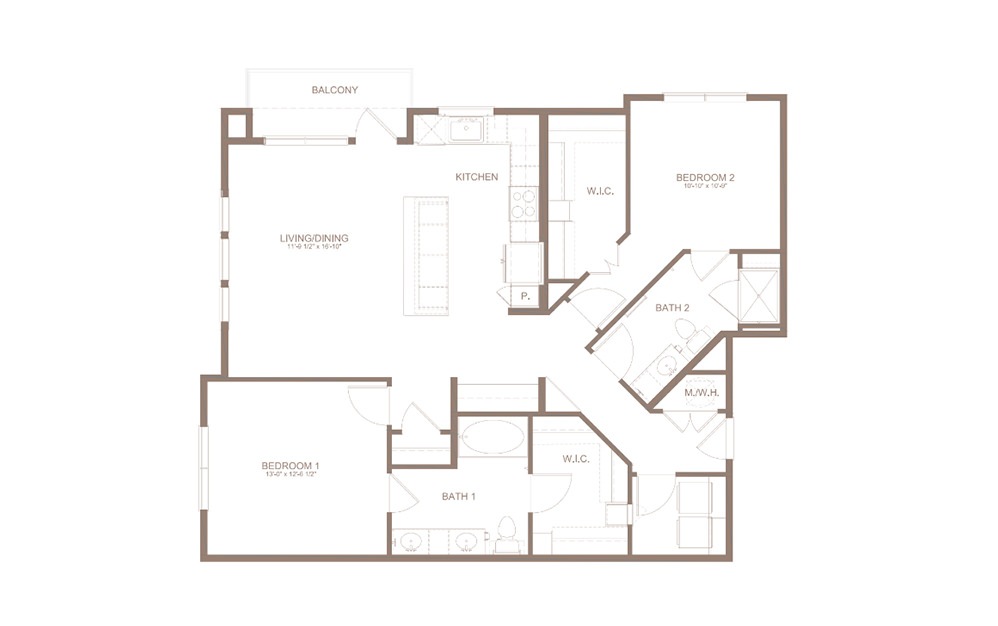 B7A - 2 bedroom floorplan layout with 2 bathrooms and 1271 square feet (2D)