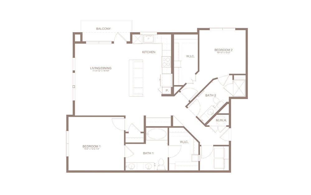 B7 - 2 bedroom floorplan layout with 2 bathrooms and 1268 square feet (2D)