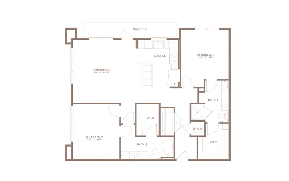 B6 - 2 bedroom floorplan layout with 2 bathrooms and 1266 square feet (2D)