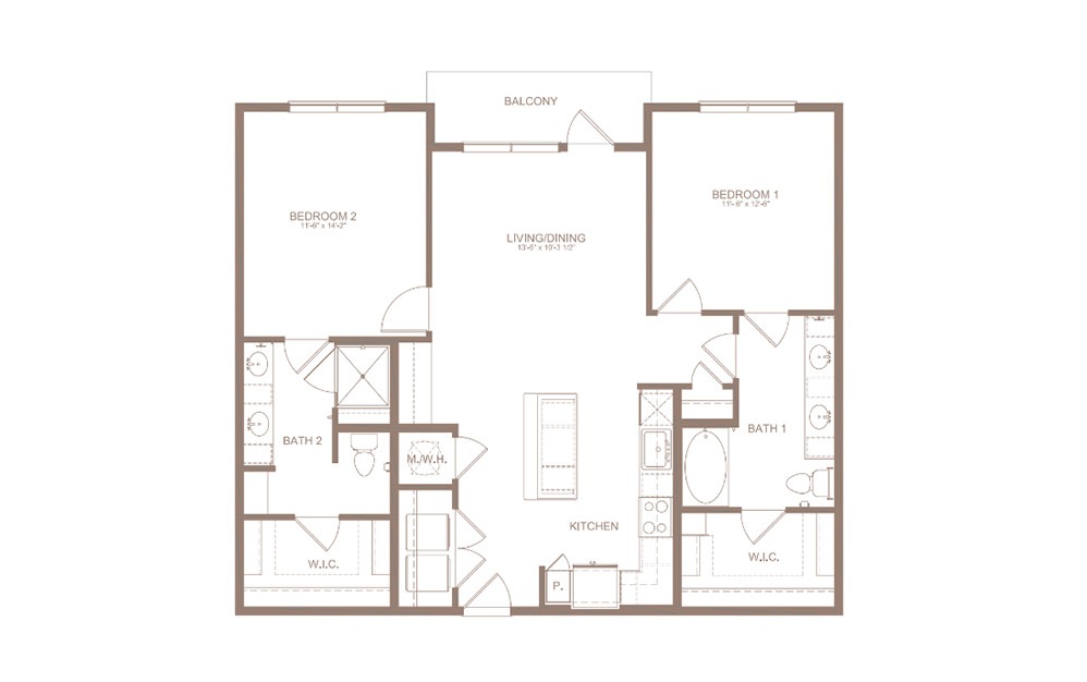 B3 - 2 bedroom floorplan layout with 2 bathrooms and 1183 square feet (2D)