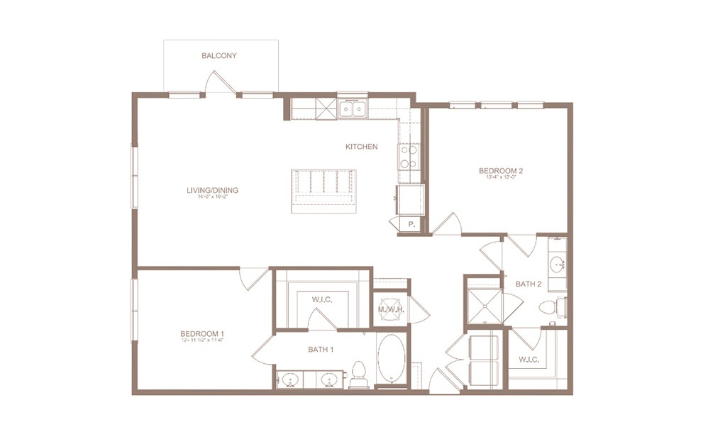 B2B - 2 bedroom floorplan layout with 2 bathrooms and 1203 square feet (2D)