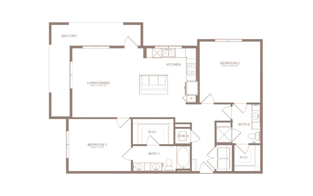 B2A - 2 bedroom floorplan layout with 2 bathrooms and 1208 square feet (2D)