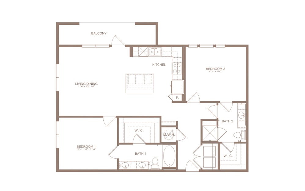B2 - 2 bedroom floorplan layout with 2 bathrooms and 1176 square feet (2D)