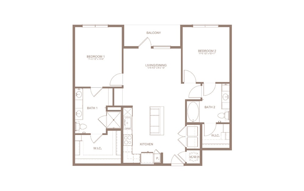 B1A - 2 bedroom floorplan layout with 2 bathrooms and 1128 square feet (2D)