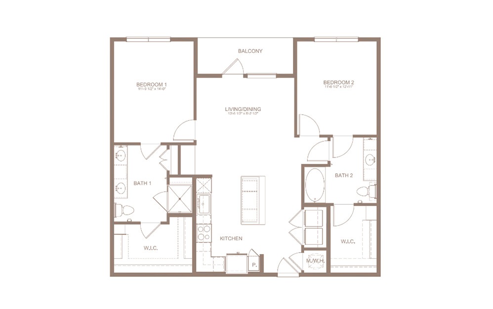B1 - 2 bedroom floorplan layout with 2 bathrooms and 1153 square feet (2D)
