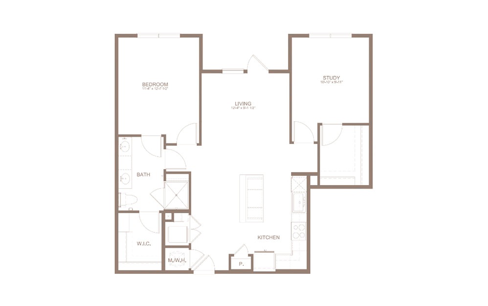 A8A - 1 bedroom floorplan layout with 1 bathroom and 1042 square feet (2D)
