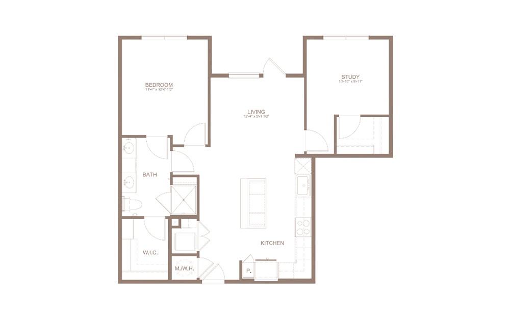 A8 - 1 bedroom floorplan layout with 1 bathroom and 942 square feet (2D)