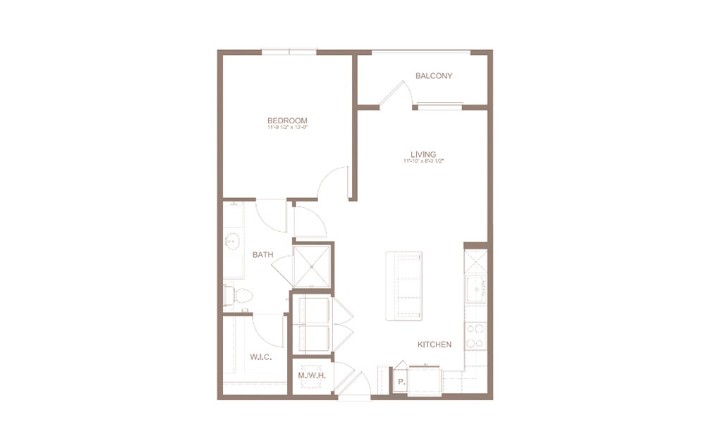 A6B - 1 bedroom floorplan layout with 1 bathroom and 734 square feet (2D)