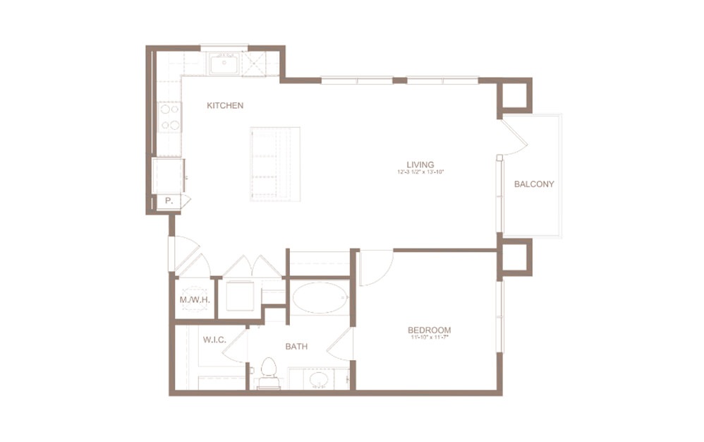 A5 - 1 bedroom floorplan layout with 1 bathroom and 797 square feet (2D)