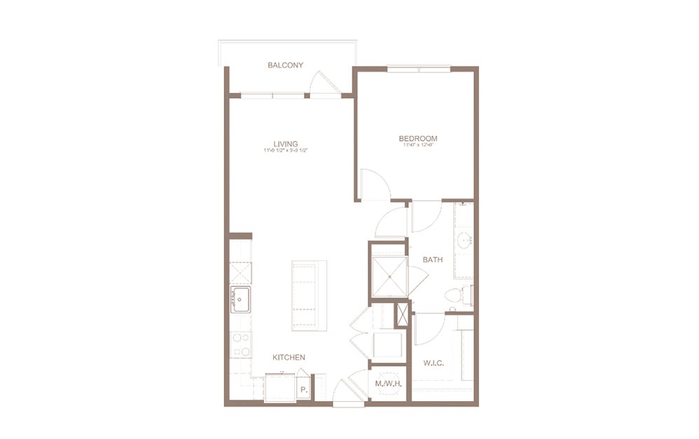 A3N - 1 bedroom floorplan layout with 1 bathroom and 738 square feet (2D)