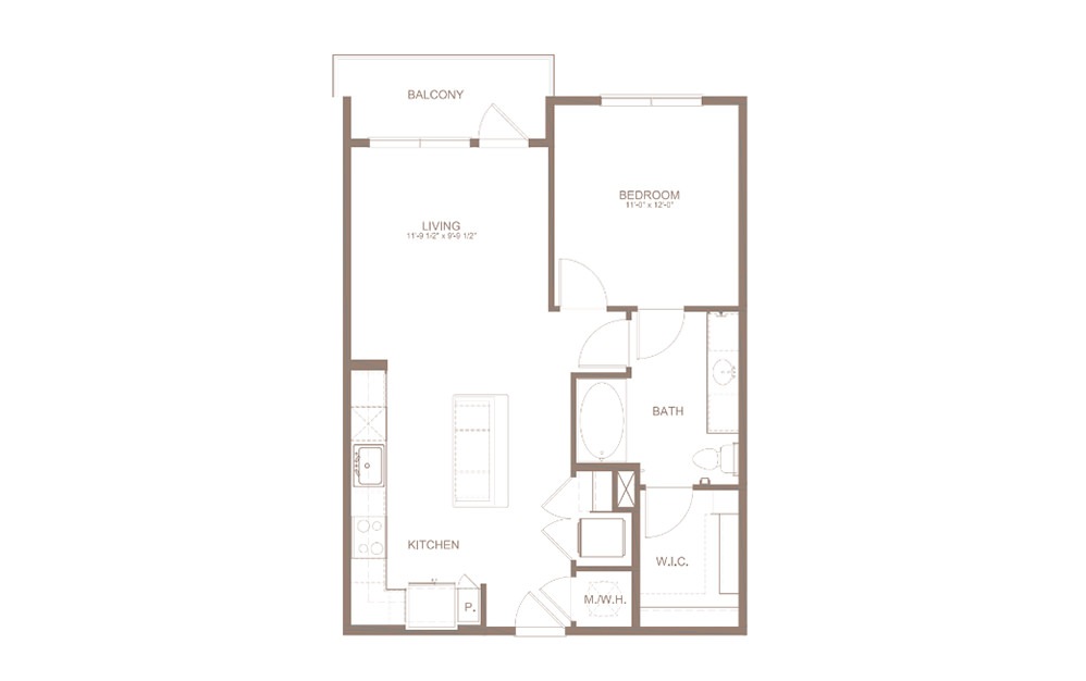 A3 - 1 bedroom floorplan layout with 1 bathroom and 738 square feet (2D)