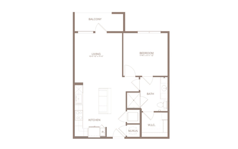 A2B - 1 bedroom floorplan layout with 1 bathroom and 697 square feet (2D)