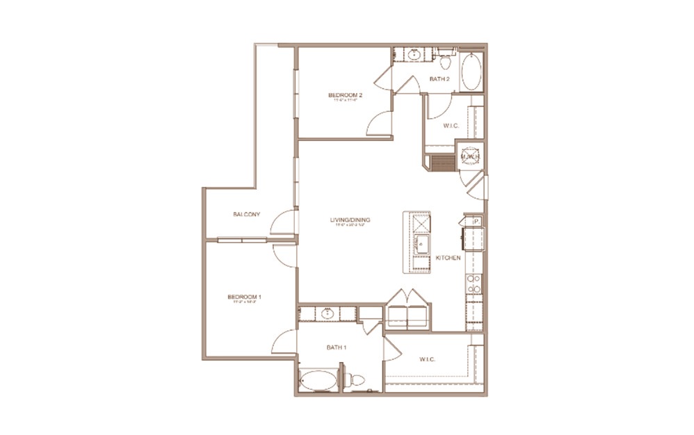 B5A - 2 bedroom floorplan layout with 2 bathrooms and 1228 square feet (2D)