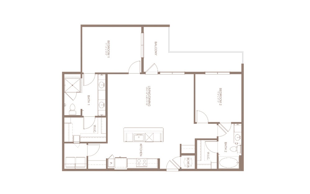 B5 - 2 bedroom floorplan layout with 2 bathrooms and 1228 square feet (2D)